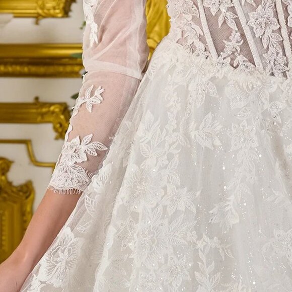 New Off White Floral Wedding Mesh Dress w/ Lace Up Back & V-Neckline GL3819 - Picture 7 of 14